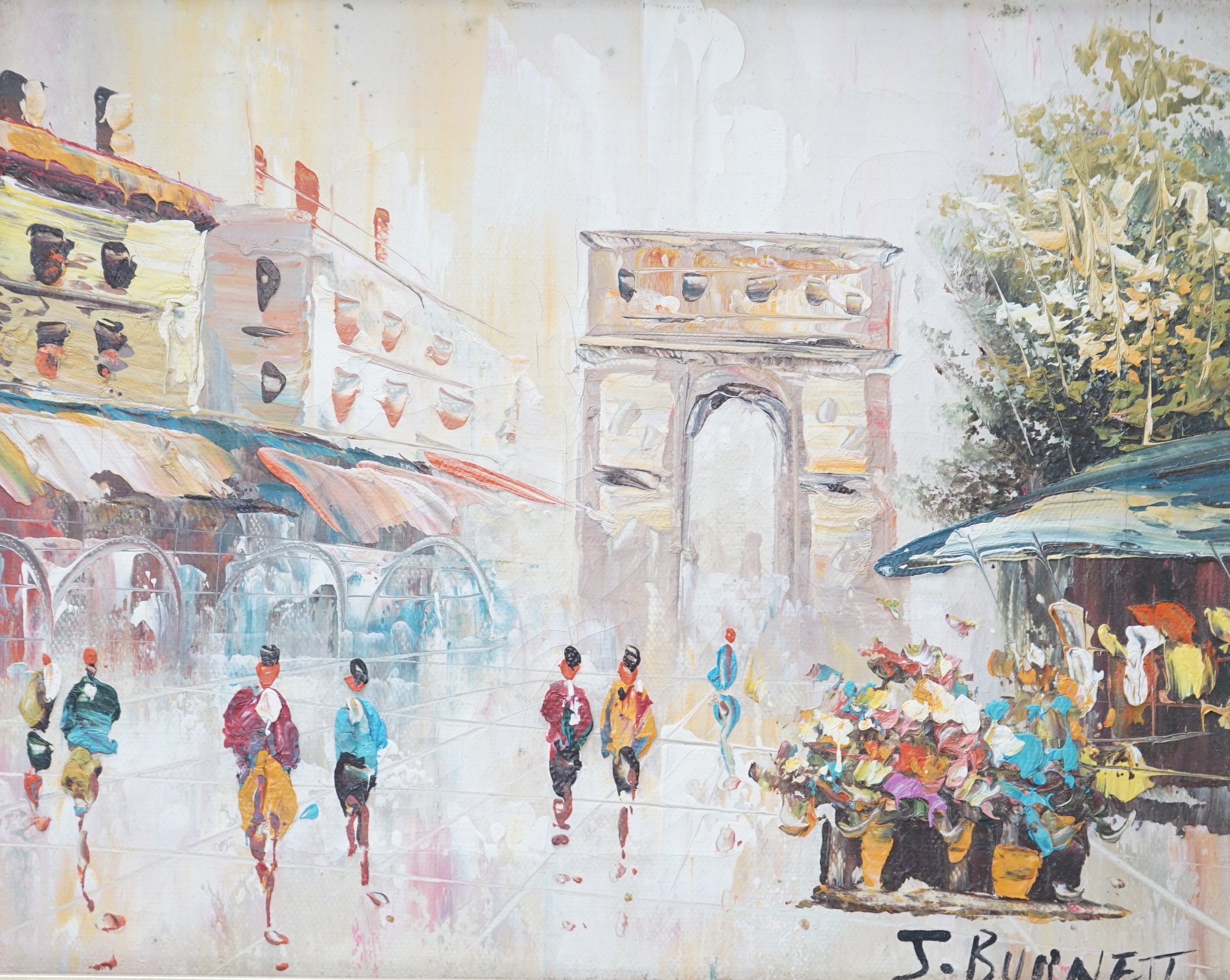 J Burnett (20th. C) pair of impressionist oils on canvas, Parisian street scenes, each signed, 19 x 24cm